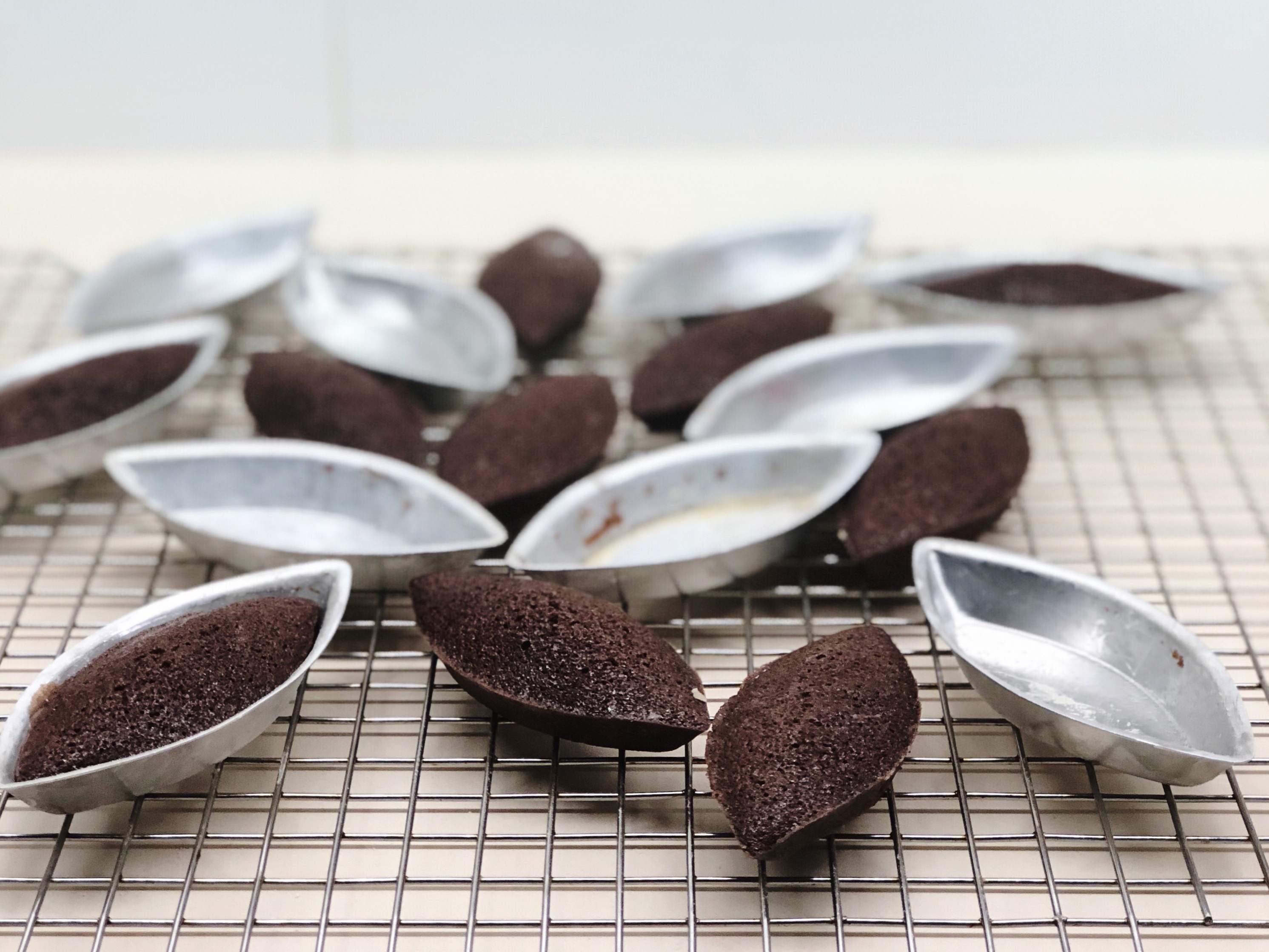 Chocolate financiers fresh out of the oven.